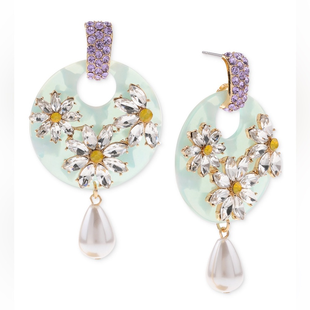 INC International Gold-Tone Mixed Stone Flower&Imitation Pearl Drop Earrings